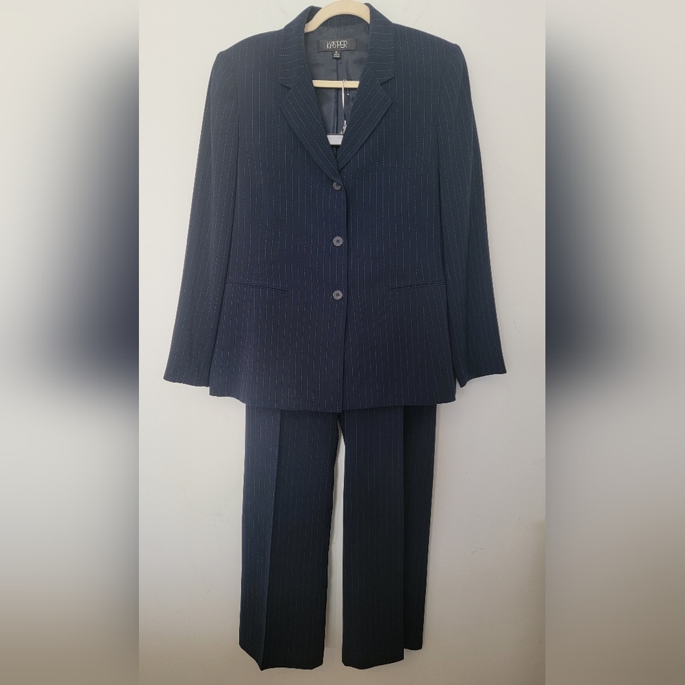 Kasper Deep Navy Blue Pin Stripe Pant Suit, Size 12